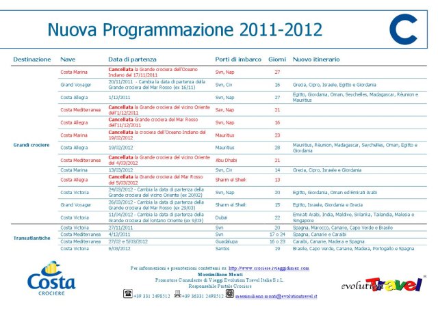 Nuova Programmazione Costa Crociere 2011-2012, Grandi Crociere, Transatlantiche